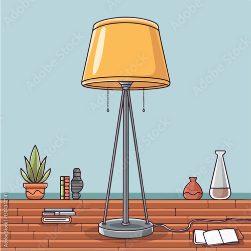 "Create a flat-style vector illustration of a standing floor lamp in a cartoon style. Use a simple design with a bright yellow lampshade and a sleek metallic base."
