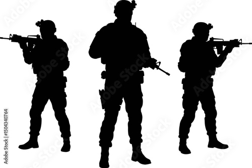 Silhouette of Three Soldiers Armed with Rifles Military, Combat, Warfare, Defense, Security