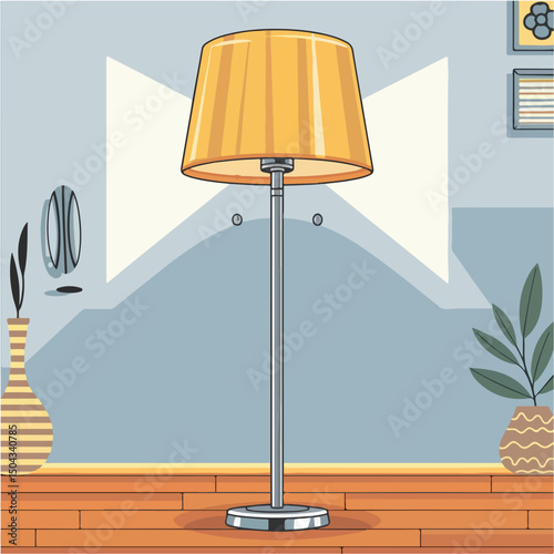 "Create a flat-style vector illustration of a standing floor lamp in a cartoon style. Use a simple design with a bright yellow lampshade and a sleek metallic base."
