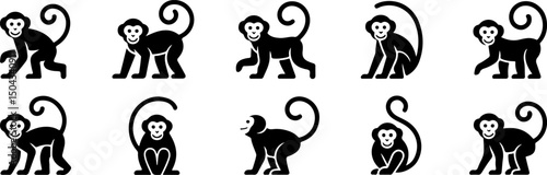 A set of Monkey silhouettes and line art vector illustrations
