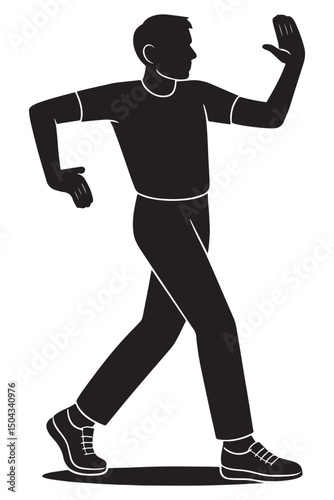 Silhouette of a man doing a sharp robotic dance pose with stiff arms bent at angles, dancing silhouette