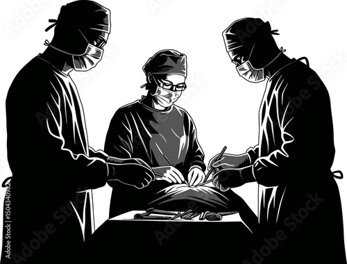 Surgical Team Performing a Precise Operation A Black and White Illustration
