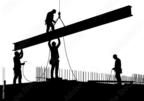 Construction Workers Installing Steel Beams A Silhouette Image of Teamwork and Precision in Building Construction