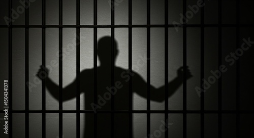 Shadow of a man standing behind prison bars. Concept of imprisonment and legal consequences. Symbolic image for criminal justice system.