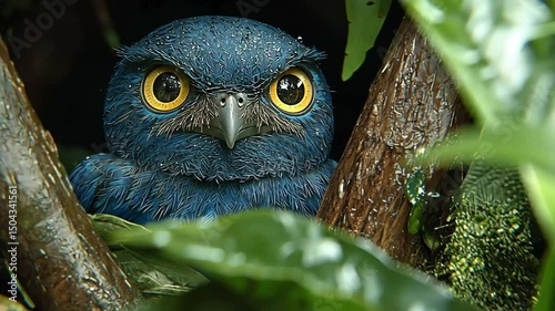 Close-up of a blue owl hiding in foliage