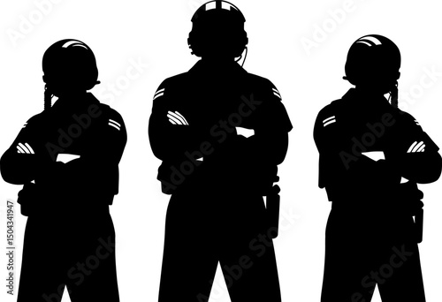 Three Silhouetted Police Officers  Symbol of Law Enforcement, Protection, and Community Safety