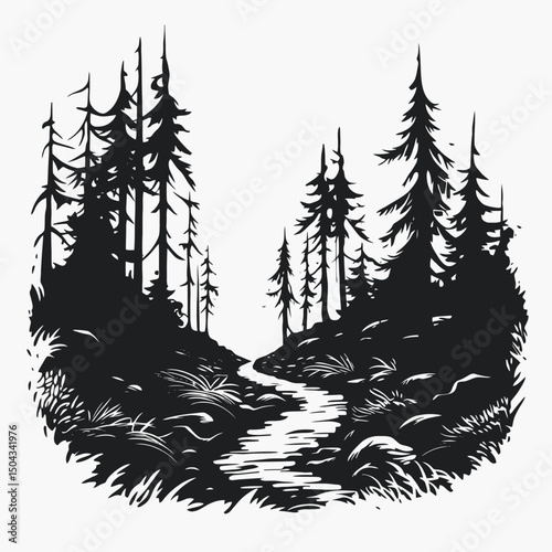 Forest trees nature landscape black white illustration woodland scenery wilderness outdoor environment woods path silhouette