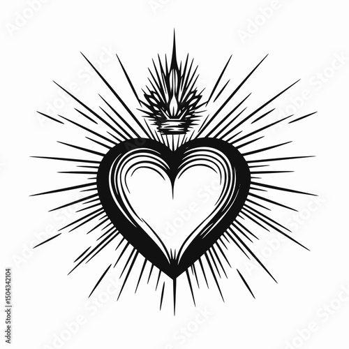 Heart sacred love crown black white vector illustration drawing design graphic art symbol line work silhouette