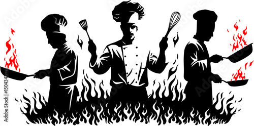 Culinary Arts Three Chefs in Fiery Action, a Silhouette Illustration of Culinary Passion