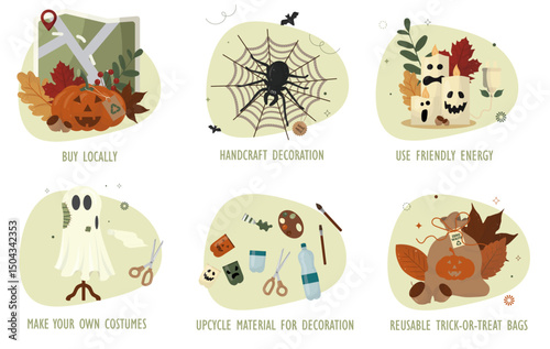 Sustainable Halloween tips. Eco-Friendly Celebration Guide Infographic. Six eco-conscious Halloween tips isolated on transparent background. Green halloween concept. Flat style. Vetor illustration