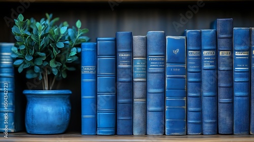 A collection of blue books and a potted green plant