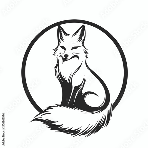 Fox animal logo design black and white illustration circle graphic art vector cute wildlife nature mammal forest tail silhouette