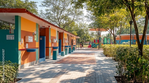 Vibrant public restrooms in a park setting with playground equipment visible