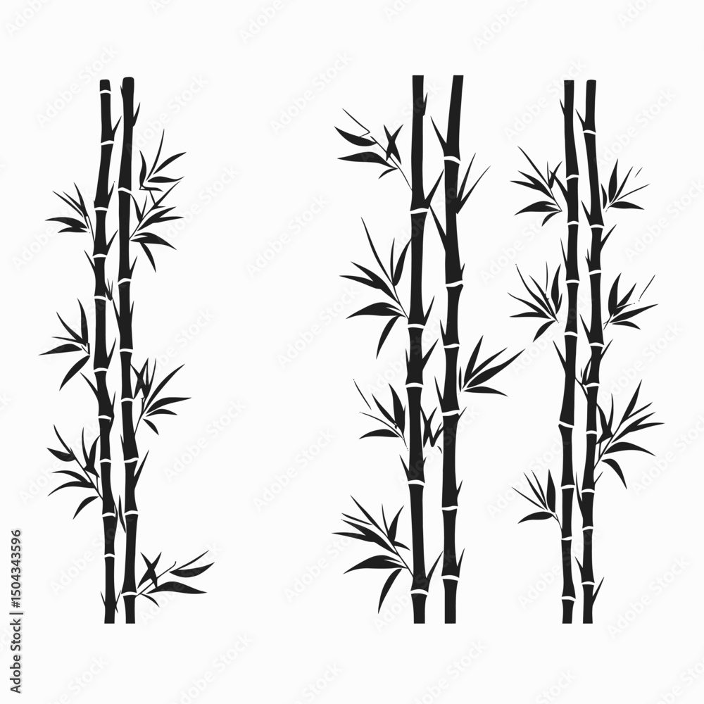 Naklejka premium Bamboo stalks black and white illustration zen design asian nature oriental plant stems leaves decoration 100 silhouette