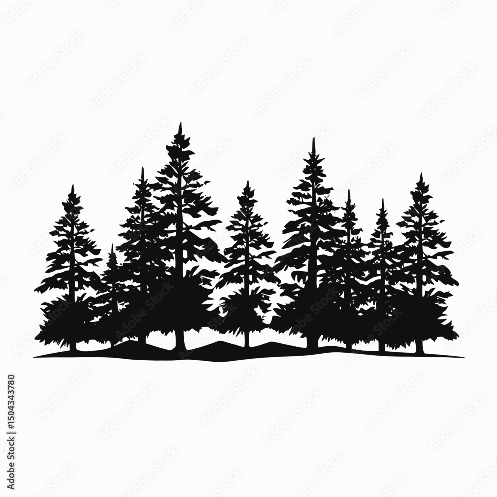 Fototapeta premium Silhouette trees forest pine trees landscape nature woods evergreen black and white design illustration
