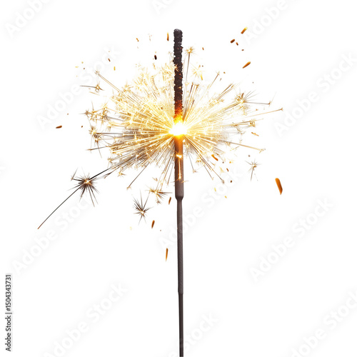 A close up shot of a sparkling sparkler with bright light against a black background in a studio shot
