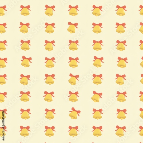 Minimalist Seamless Christmas Bell Pattern Tiny Yellow Bells with Red Bows on Cream Pastel Background Digital Art creative Design Vector