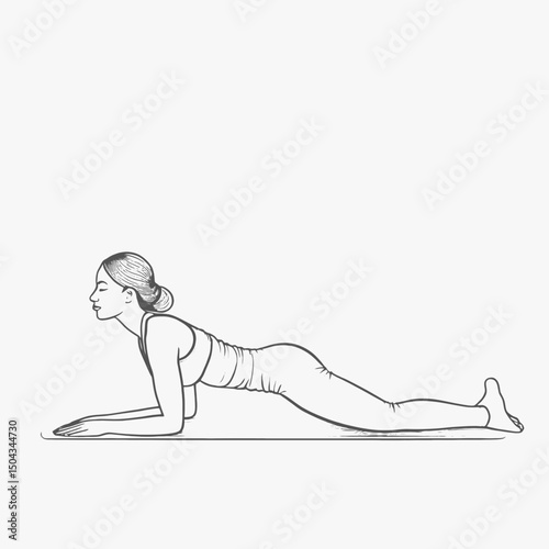 Continuous line illustration of a yoga practitioner in warrior II pose (Virabhadrasana II), abstract and minimalist