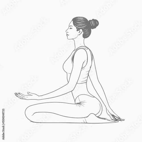 Continuous line illustration of a yoga practitioner in warrior II pose (Virabhadrasana II), abstract and minimalist