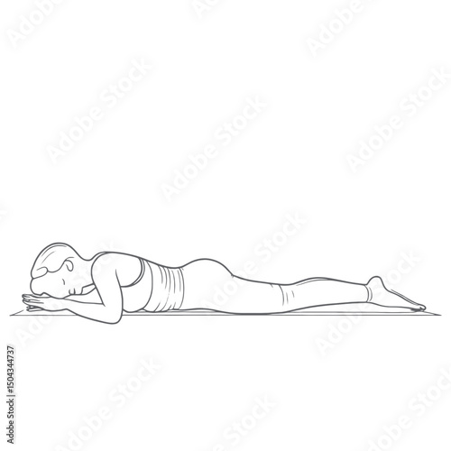 Continuous line illustration of a yoga practitioner in warrior II pose (Virabhadrasana II), abstract and minimalist