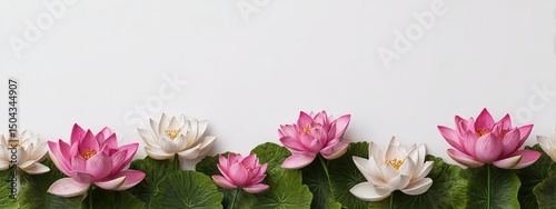 Wallpaper Mural Lotus flowers border on white background with copy space. Zen meditation, yoga practice, spiritual growth concept. Greeting card for International Yoga Day, World Mental Health Day. High quality Torontodigital.ca