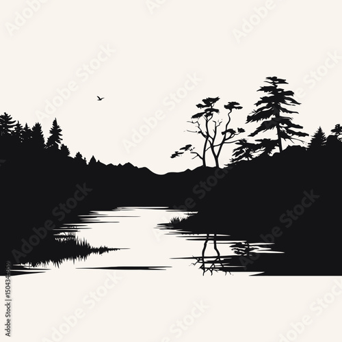 Lake landscape sunset trees forest mountains reflection nature scenic water silhouette vector art design