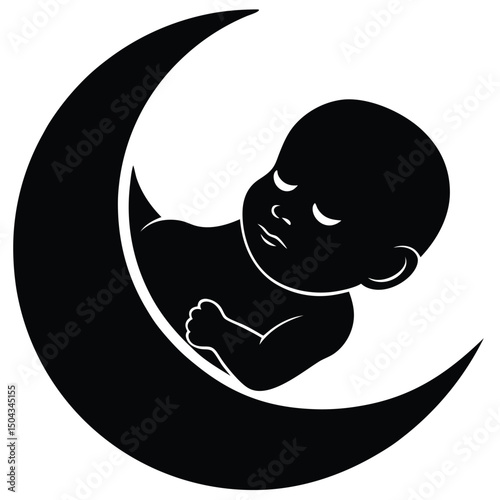 Sweet Dreams Sleeping Baby in Crescent Moon Silhouette Illustration