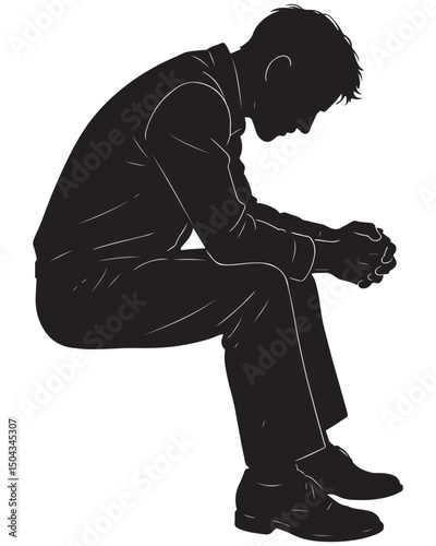 Silhouette of a man sitting with elbows on knees and head hanging down, deep in thought, thinking man silhouette