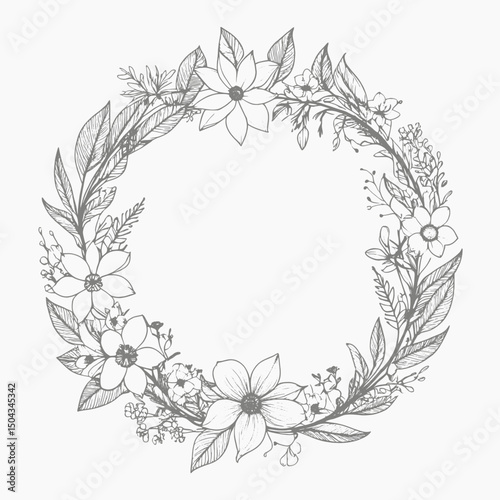 Wallpaper Mural Floral frame made of leaves and wildflowers in line art, circular composition, clean black lines Torontodigital.ca