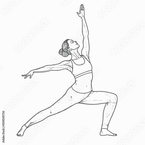 Continuous line illustration of a yoga practitioner in warrior II pose (Virabhadrasana II), abstract and minimalist