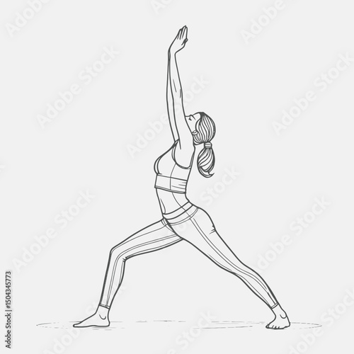 Continuous line illustration of a yoga practitioner in warrior II pose (Virabhadrasana II), abstract and minimalist