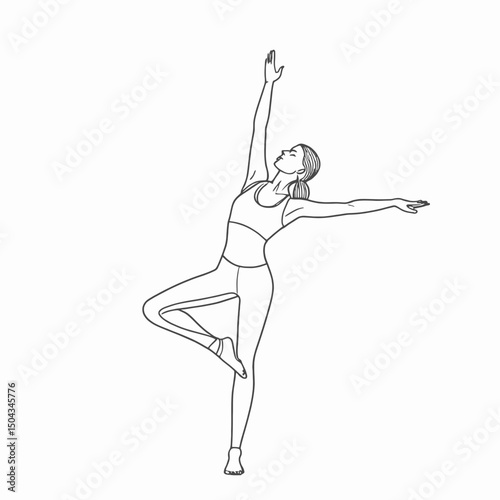 Continuous line illustration of a yoga practitioner in warrior II pose (Virabhadrasana II), abstract and minimalist