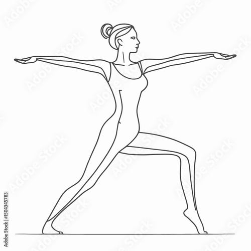 Continuous line illustration of a yoga practitioner in warrior II pose (Virabhadrasana II), abstract and minimalist