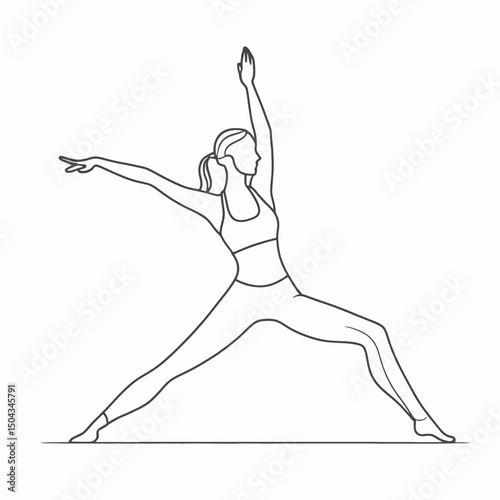 Continuous line illustration of a yoga practitioner in warrior II pose (Virabhadrasana II), abstract and minimalist