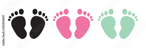 Baby footprints silhouette, Baby footprints simple flat vector Kids or baby feet and foot steps Fun vector footsteps icon for print. Love heart blue boy or pink girl sign on white back ground eps10