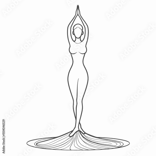 Simple contour line art of a female figure in tree pose (Vrikshasana), minimal black outline on white background (
