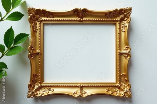 Ornate single golden wood picture frame, clean background , isolated, border, golden wood