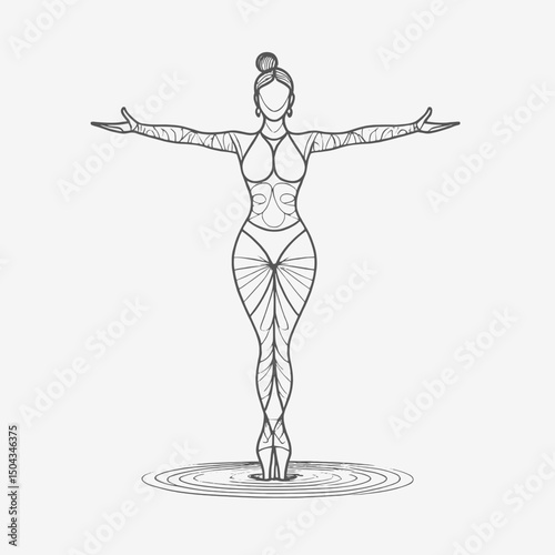 Simple contour line art of a female figure in tree pose (Vrikshasana), minimal black outline on white background (