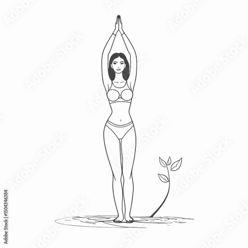 Simple contour line art of a female figure in tree pose (Vrikshasana), minimal black outline on white background (