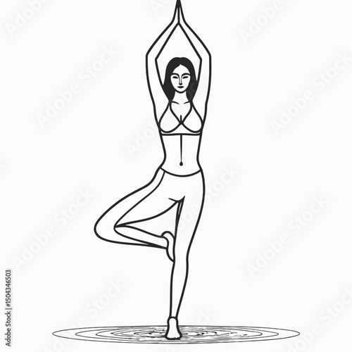 Simple contour line art of a female figure in tree pose (Vrikshasana), minimal black outline on white background (