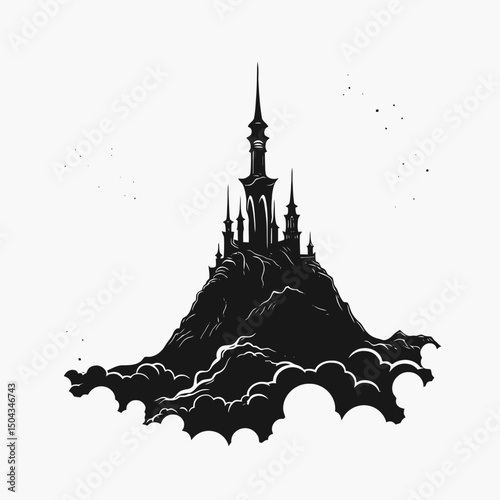 Castle fantasy mountain dark moon clouds gothic architecture silhouette artwork illustration design vector art
