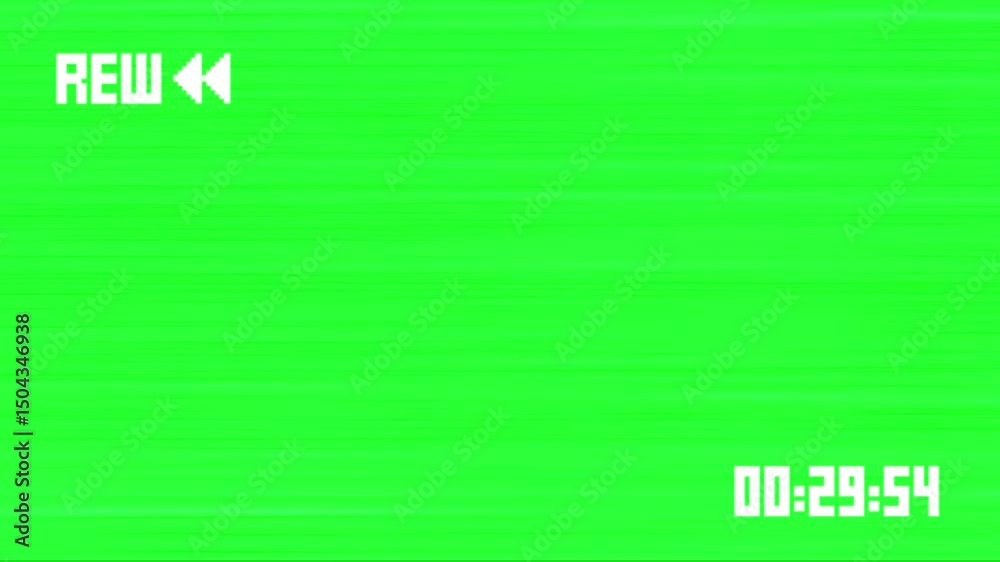 VHS tape rewind arrows icon symbol icon effect and noise. on 4k green Screen Film overlay Chroma key animation with time code on screen retro vintage loop Reverse Film
