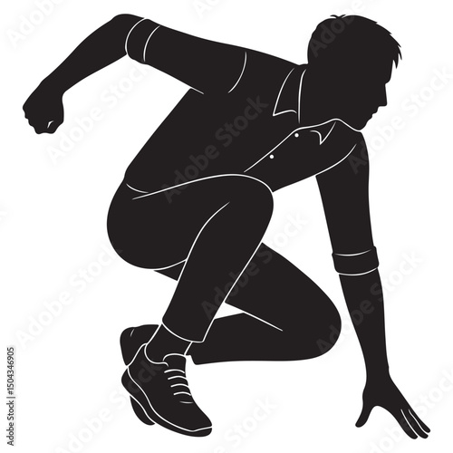 Silhouette of a man landing from a jump with one knee bent and hand touching the ground