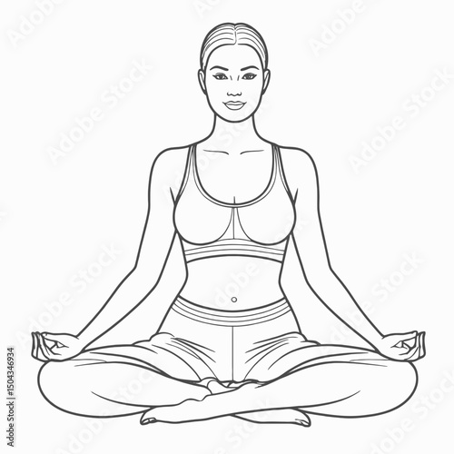 Minimalist line art of a woman in lotus pose (Padmasana), continuous black line, calm and meditative expression