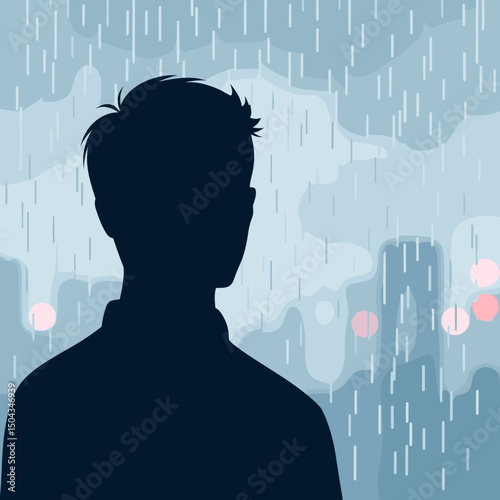 Silhouette of a man in the rain with city background in soft blue tones, copy space