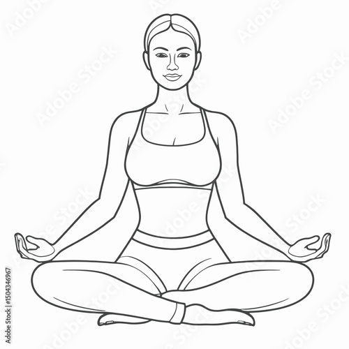 Minimalist line art of a woman in lotus pose (Padmasana), continuous black line, calm and meditative expression