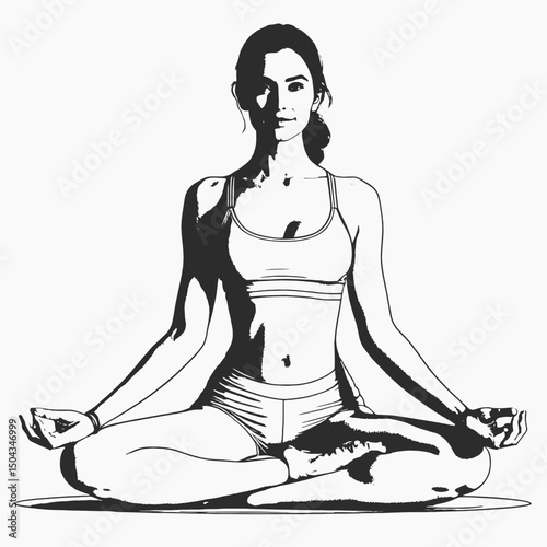 Minimalist line art of a woman in lotus pose (Padmasana), continuous black line, calm and meditative expression