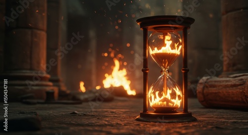 Burning Sands of Time - A fiery hourglass sits in an ancient ruin, flames reflecting in the glass. Time and destruction