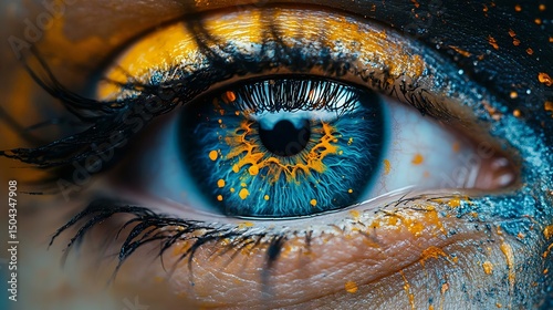 Close-up of an artistic eye with vibrant blue hue and orange paint accents, showcasing stunning detail and creativity.