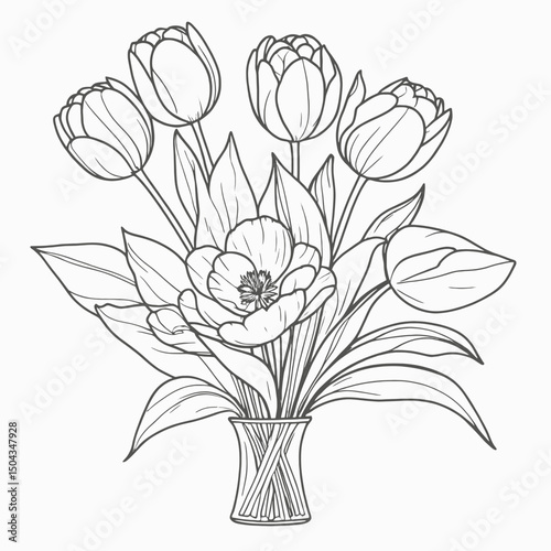Minimal floral bouquet line art, tulips, peonies, and foliage in fine black outline, isolated on white 